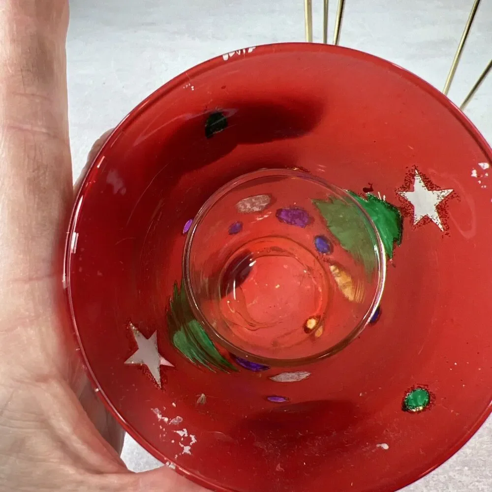Vintage Hand painted Red Glass Candle Holder With‎ Metal Stand Chipped Paint